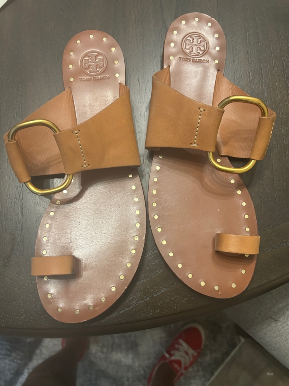 Tory Burch Brown Leather Slide Sandals with Gold Ring Accents - Picture 5 of 6